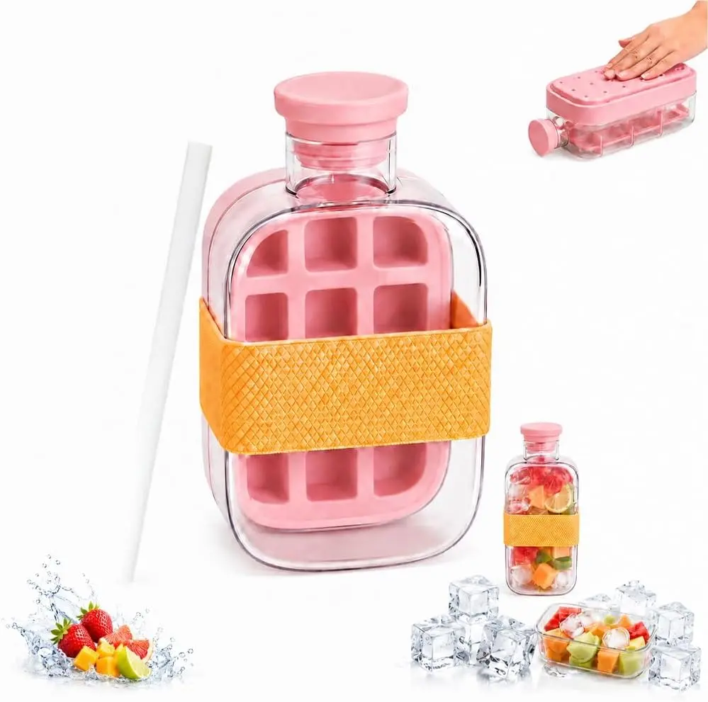 2-in-1 ABS Plastic Leak Proof Tumbler Ice Cube Tray Water Bottle with Straw, Push-Button Vertical Ice Maker, Leak Proof Lid, for Gym/Home/Travel Use