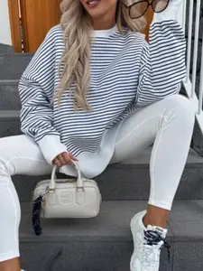 Nautical Style Women's Fashion Casual Round Neck Striped Sweatshirt, Lazy Pullover Loose Sports Shirt, Comfortable and Stylish, Womenswear