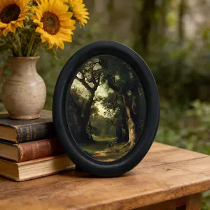 Vintage Forest Path Oval Artistic Decorative Painting, European Classical Landscape Oil Painting, American Country Style Wall Art, French Retro Wallpaper Decoration