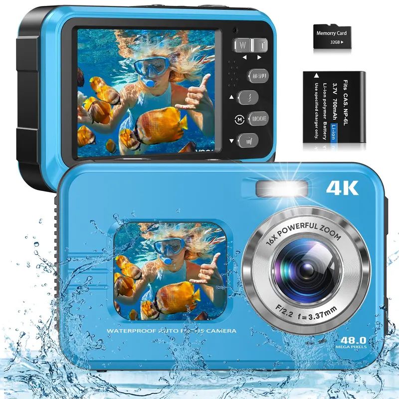 48MP Waterproof Digital Vlogging Camera, Dual Screen 10FT Auto Focus Camera Digital, 4K Video Resolution 16X Digital Zoom Underwater Camera, Outdoor Digital Camera, Tech Gadgets, Beginner Digital Camera, Portable Vlogging Camera, High Definition Camera