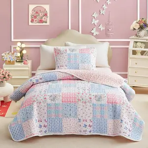 Queen Size Quilt Set for Girls, Pink n Blue Floral Patchwork Design, 3 Pieces Soft Cozy Microfiber Quilt, All Season Bedspread Bed Cover - 90x90 inches