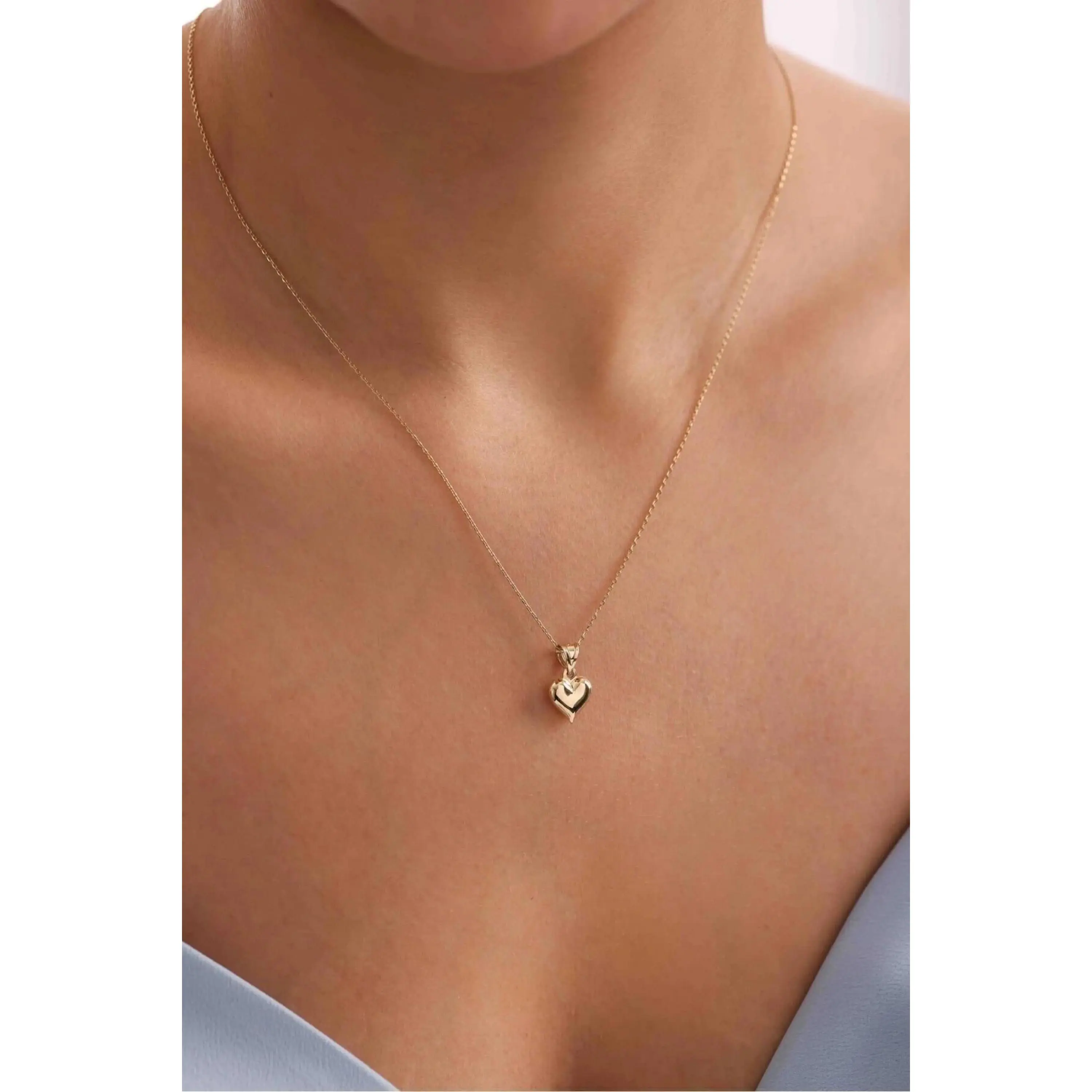 14K Gold Puff Heart Necklace, Dainty Gold Necklace