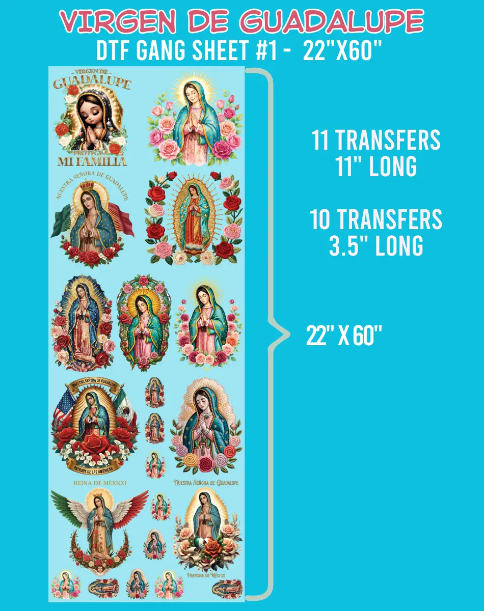 Virgen de Guadalupe DTF Gang Sheet #1, 22"x60" DIY Craft Supplies for Toys & Hobbies Specialty Projects