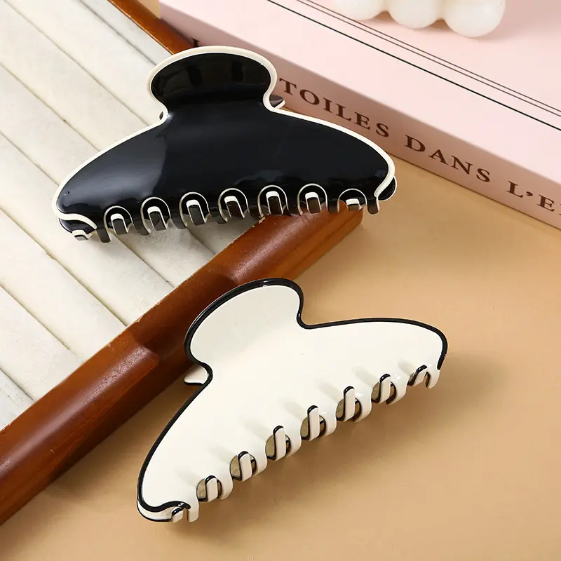 Large Black White Contrast Trim Acetate Hair Claw Clips 2 Pack, Strong Hold Non Slip Glossy Shark Barrettes, French Minimalist Luxury Women Hair Accessories for Thick Hair Daily Office Styling