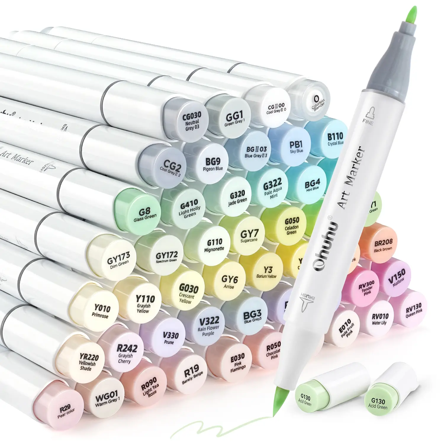 Ohuhu Honolulu Brush Markers: 48 Pastel Colors Double Tipped Art Marker for Artist Coloring Illustrations-Brush&Chisel/Fine -Refillable Ink-Blossoming