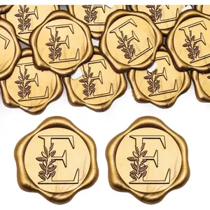 50 Pack Letter E Wax Seal Stickers, Antique Gold Botanical Leaves Initial Alphabet Self-Adhesive Wax Stickers for Wedding Party Invitation Envelopes