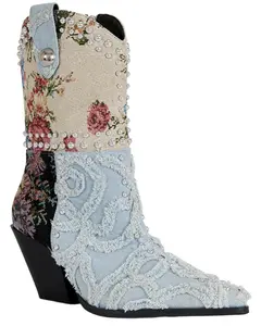 Azalea Wang Women's Akari Denim Patchwork Western Booties Round Toe - Akari-Denimmulti
