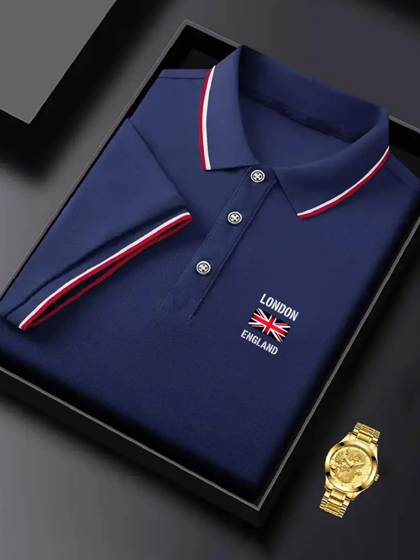 Men's Regular Fit London Print Collared Polo Shirt, Casual Short Sleeve Half Zip Up Collar Top for Summer, Fashion Men's Clothes for Daily Wear, Gamis