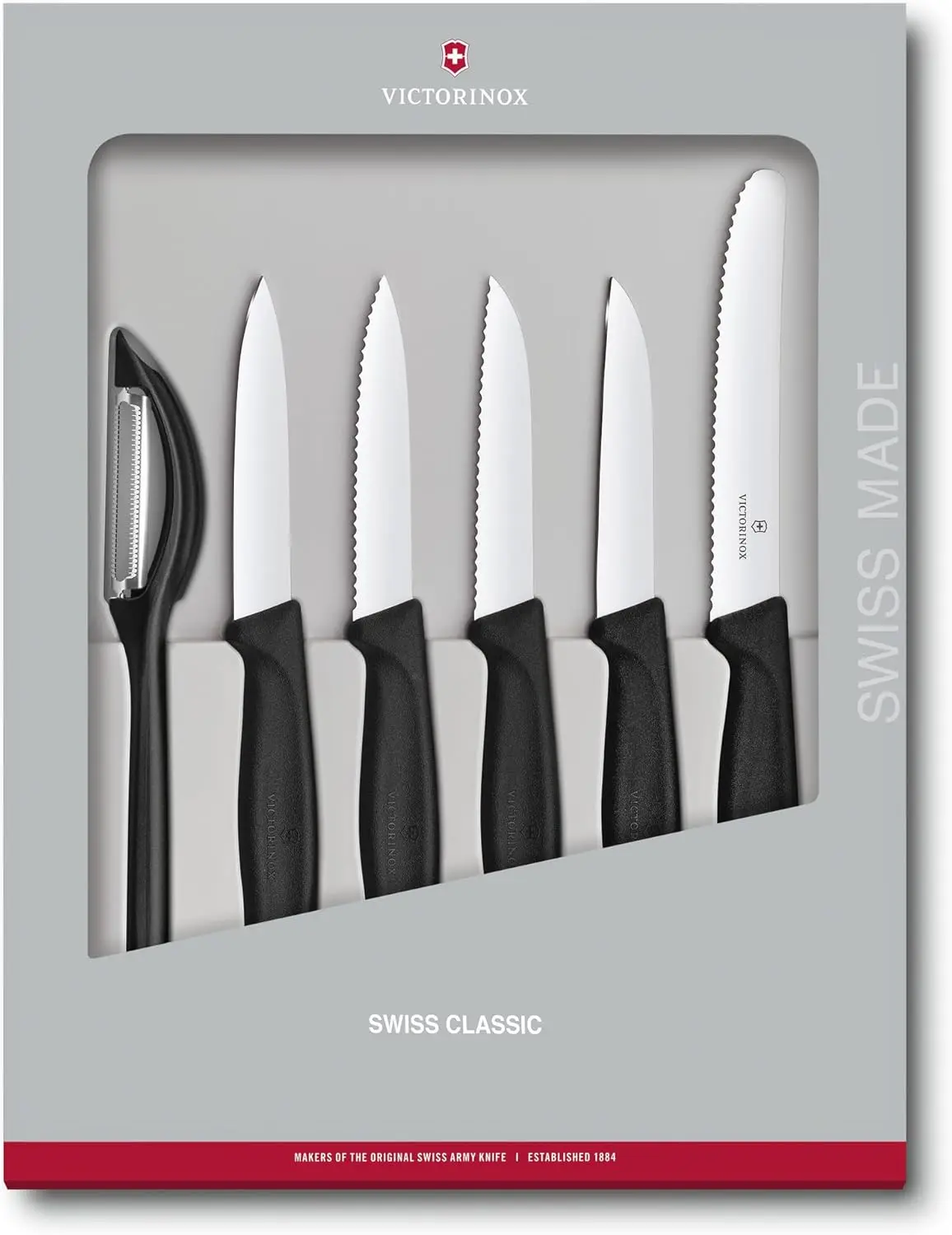 Victorinox Swiss Classic Kitchen Knife Set 5 Pieces - Paring Knives Utility Knife Carving Knife and Bread Knife - Black Multiple