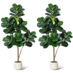5FT Fake Fiddle Leaf Fig Tree 2PCS, White Planter & 77 Leaves, Realistic Artificial Greenery for Living Room Office Decoration, Gift, Set, Minimalist, Artificial Plants
