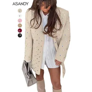 Women's studded sports jacket with oversized long sleeved lapel and rhinestone decorative jacket, suitable for party, club, and street wearRAIMENTRY