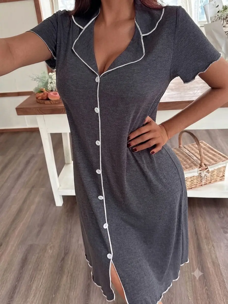 Women's Sleepshirt Short Sleeve Button Front Nightgown Soft V Neck Sleep Dress Lightweight Breathable Loungewear with Ruffled Trim