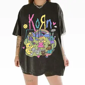 Korn Pastel Cartoon Graphic Tee, Cute Oversized Band T-Shirt, Y2K Streetwear Top, Harajuku Kawaii Style Shirt for Women Men Unisex