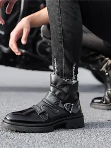 Men Fashion Ankle Boots Closed PU Thick Bottom Fashion Retro Splicing Wrinkle Casual Men Boots Footwear
