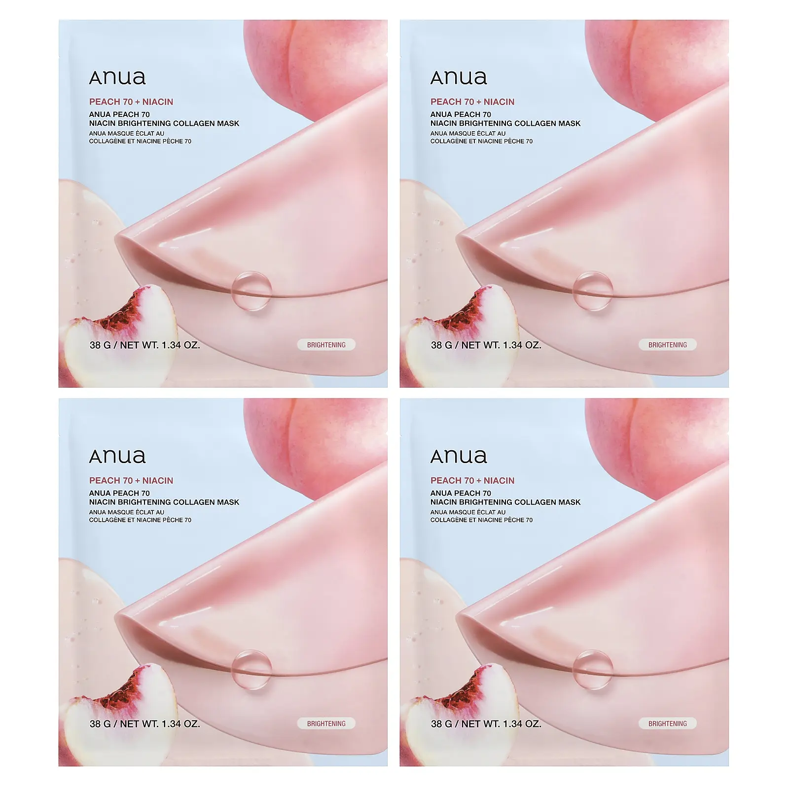 Anua Peach 70 Niacin Brightening Collagen Beauty Mask, 4 Sheets, 1.34 oz (38 g) Each