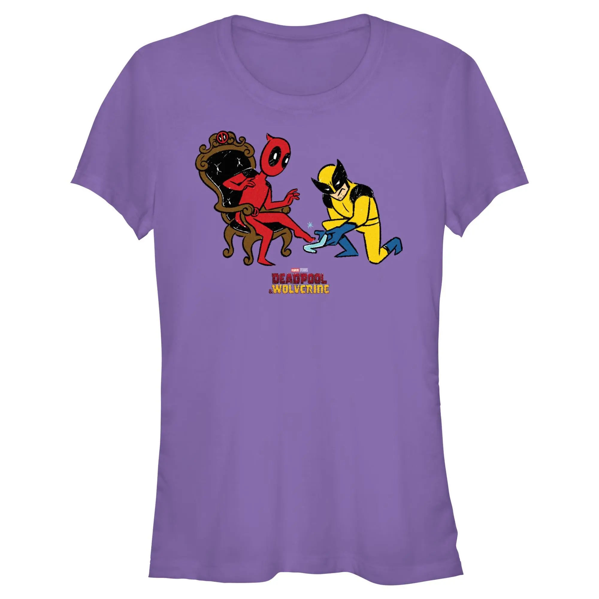 Marvel Junior's Marvel Deadpool & Wolverine Glass Slipper T-Shirt Officially Licensed Graphic Tee for Kids Featuring Deadpool in Glass Slippers and Wolverine as Prince Charming