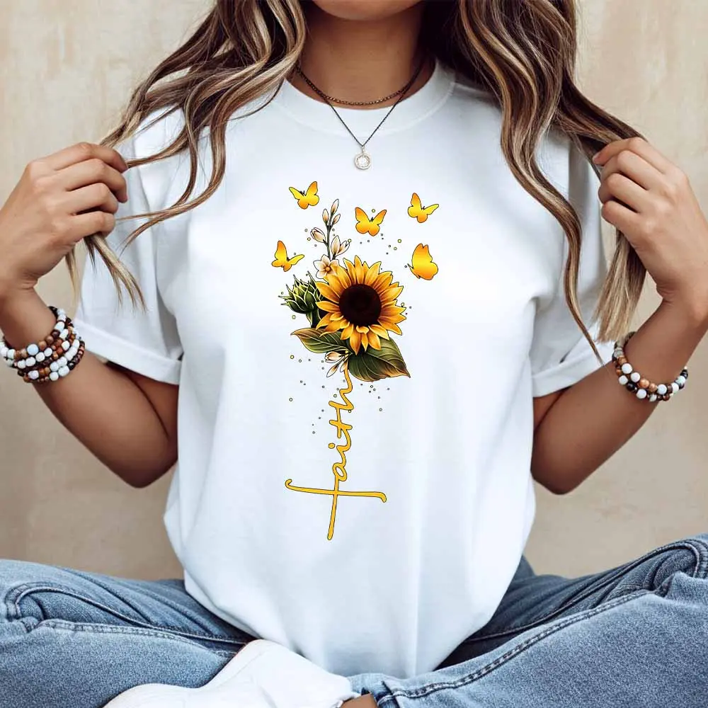 CasuSunflower And Butterflies Faith Print T Shirt Women Casual Short Sleeve Top Summer Fashion Trendy Graphic Tee