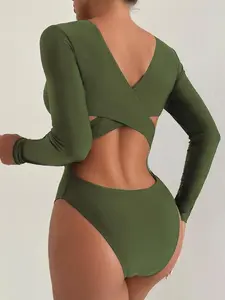 Solid Color Cross-Back Hollow-Out Long Sleeve Monokini - Summer Beach Vacation