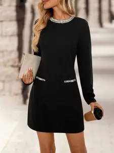 Elegant Women Long Sleeve Dress Floral Lace Trimmed Little Lady Style Casual Fashionable Outfit for Fall Winter, Womenswear