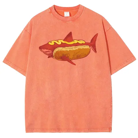 Shark Hotdog Funny Food Meme T-Shirt, Vintage Washed Tee, Weirdcore Ocean Animal Graphic Shirt, Gift For Foodie Shark Lovers