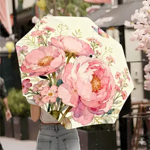 Butterfly Peony Watercolor Umbrella, Automatic Folding & Sun Protection, Durable 8-Rib Design, Outdoor Use, Great Holiday Gift