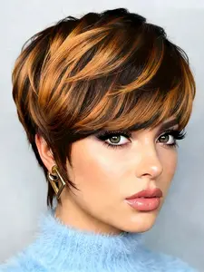 Pixie Wig 1b30 Short Straight Human Hair Wig, Machine Made Daily Party Use, Stylish Gift Wig for Women, Pixie Cut Wig