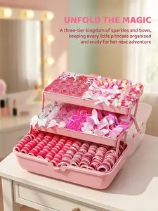 534/535pcs - Pink butterfly-shaped girls' hair accessory set, Cute hair accessories, Hair Accessories Sets, equipped with a three-layer storage box. Includes bow hair clips, various high-elasticity hair rings. Girls' gift