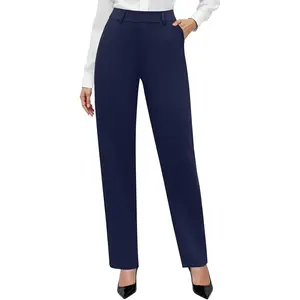DLOODA Women's Classic Dress Pants, Elegant High Waisted Stretchy Pull-On Slacks for Office Wear with Pockets, Lady