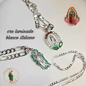 Italian Gold-Plated White Chain Necklace with Religious Pendant oro laminado blanco italiano