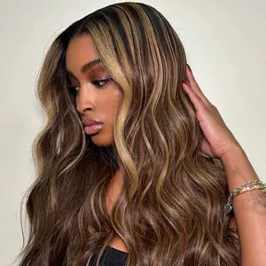AliPearl Wigs Glueless 4/27 Highlight Deep&Body Wave 5x7 Closure Wig Dark Brown with Honey Blonde Highlight Human Hair Pre Plucked With Baby Hair Pre Bleached