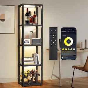 67" Glass Display Shelf with Dimmable LED Floor Lamp, Collectibles Display Cabinet with Remote & App Control, 5 Tier Open Bookshelf Lamp for Living Room, Bedroom, Office,  Decor, Black