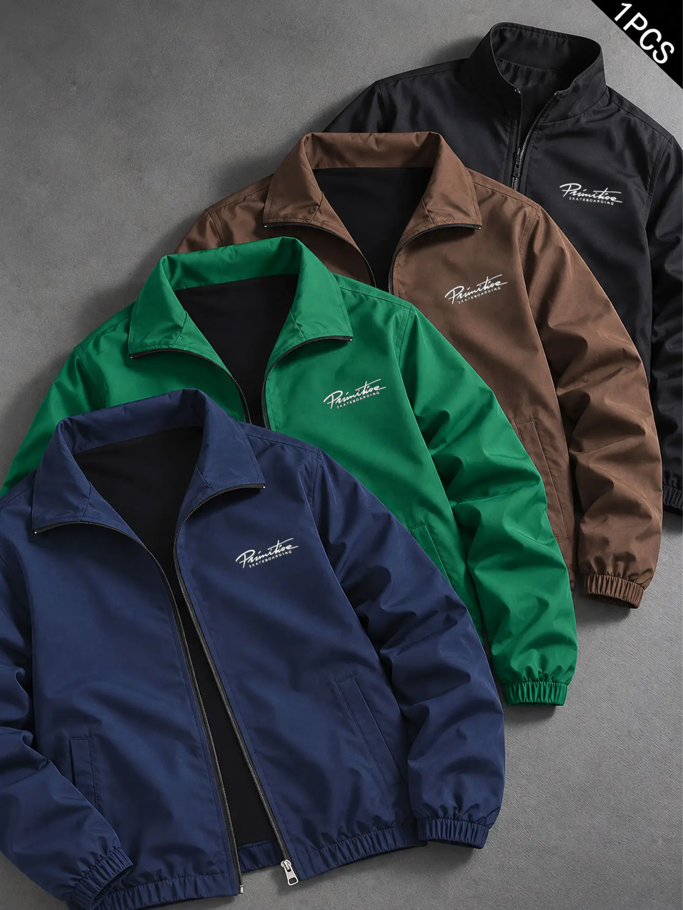 Men’s chocolate brown stand-collar zip jacket with handwritten small embroidered text on the chest, loose short outerwear—minimalist retro everyday street casual jacket