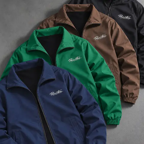 Men’s chocolate brown stand-collar zip jacket with handwritten small embroidered text on the chest, loose short outerwear—minimalist retro everyday street casual jacket