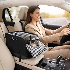 Anti-Anxiety Dog Console Car Seat with Safety Leash - Comfort Plaid Puppy Car Bed Booster, Washable Travel Car Carrier Seat for Chihuahua, Yorkie
