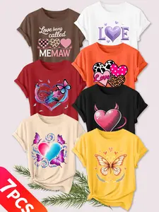 Women's 7-Pack Casual Crew Neck T-Shirts,, Feather Butterfly, Watercolor Butterfly & Single Butterfly Print, Multiple Colors Available, Machine Washable, Spring & Summer Top, Soft Skin-Friendly Fabric, Daily Versatile, Fashion Design