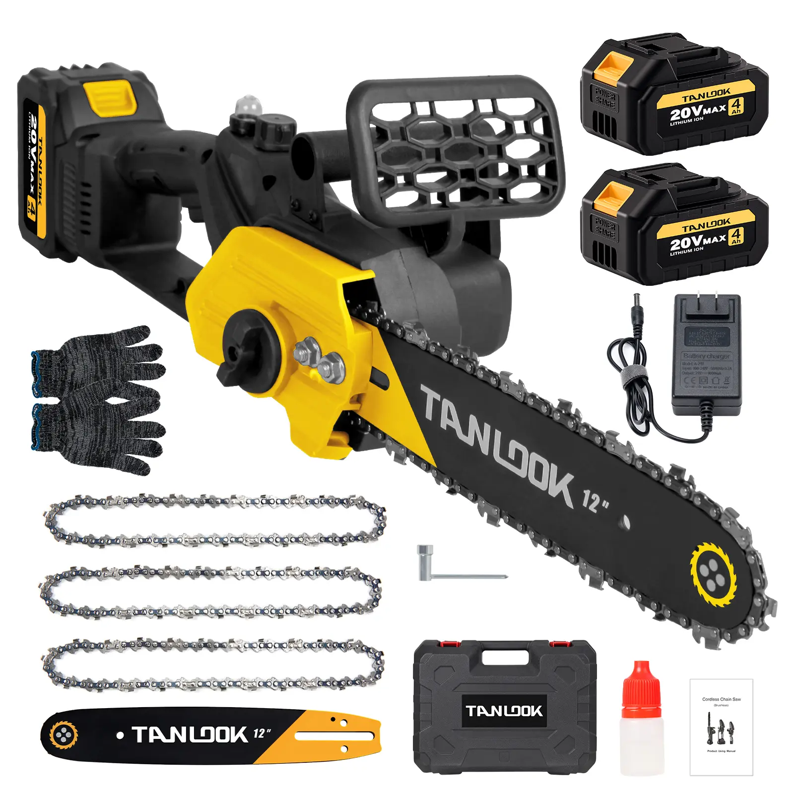 TANLOOK 12 Inch Cordless Chainsaw 20V Max, Electric Chain Saw with 2 Batteries, Portable Handheld Wood Cutting Saw for Tree Trimming, Branch Pruning, Firewood Cutting, Garden, Farm, Yard Work, Outdoor Power Tools