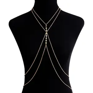 New model 14K Gold Plated Sexy Body Chains for Women, Layered Rhinestone Crossover Bikini Bra Body Jewelry, Summer Beach Crystal Belly Waist Chain