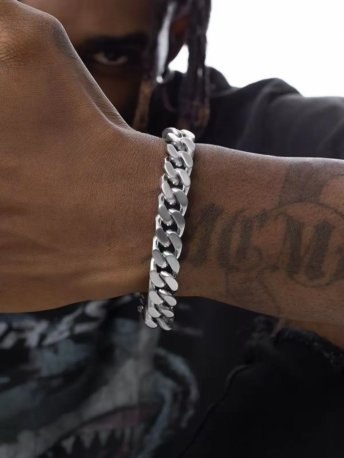 S034 Silver Cuban Link Bracelet Unisex Waterproof Anti Tarnish Wrist Jewelry