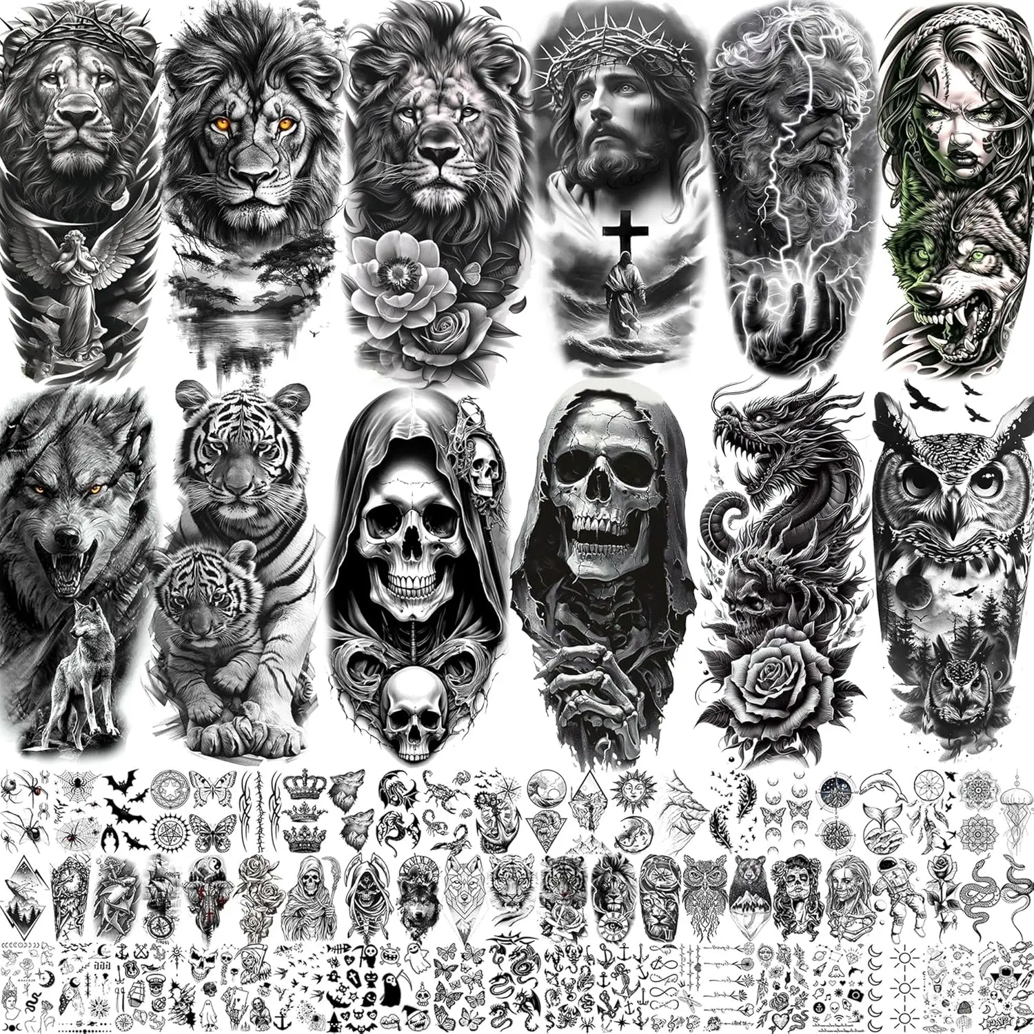 75 Sheets Skull Temporary Tattoos For Men Adults Forearm, Halloween Zeus God Lion Poseidon Half Arm Sleeve Tattoo For Women Jesus Christ Skeleton Dragon Owl, Realistic Fake Tattoo Stickers Wolf Tiger