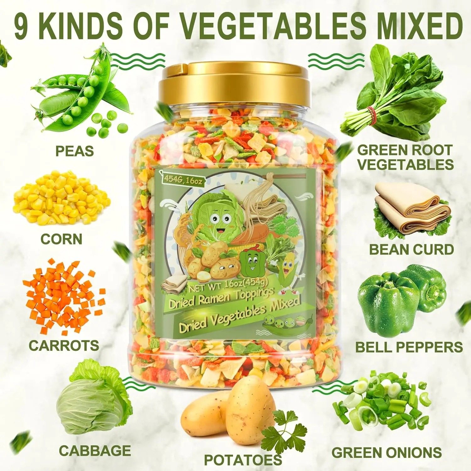 9-Veggie Toppings for Ramen, 16oz All Natural Vegetable Instant Ramen Toppings, Dehydrated Veggies for Noodles, Soups, Camping, and Emergency Food, No Additives, 1 LB Caniste