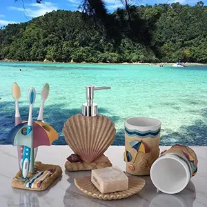 5-Piece Beach Bathroom Accessory Set with Beach Charm, Including Seashell-Design Soap Dispenser, Toothbrush Holder, Soap Dish, Toothbrush, and Cup for Coastal Home Decor, Five Pieces
