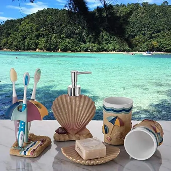 5-Piece Beach Bathroom Accessory Set with Beach Charm, Including Seashell-Design Soap Dispenser, Toothbrush Holder, Soap Dish, Toothbrush, and Cup for Coastal Home Decor, Five Pieces