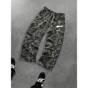 Men's Casual Sporty Camo Pants, Meteor Print Drawstring Wide Leg Long Pants, Fashionable All-Season Loose-Fit Men's Clothing, Camo Sweatpants