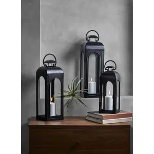 14" Decorative Black Metal Pillar Candle Holder Lantern - Small Glass Table Ornaments