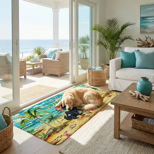 1pc Flannel 100% Polyester Hawaiian Oil Three-Summer-Puppies AISLE RUG, aisle/foyer/door light absorb light slip-safe, tropical cute-pet glow-up home path, kitchen/bath/living fit, gentle-wash easy-care