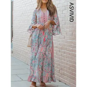 Women's All Over Paisley Print Button Front Ruffle Hem A Line Dress, Boho Fashion Drawstring V Neck Long Sleeve Dress for Daily Holiday Vacation Wear, Women Dress for Fall & Winter, Wedding Guest Dresses