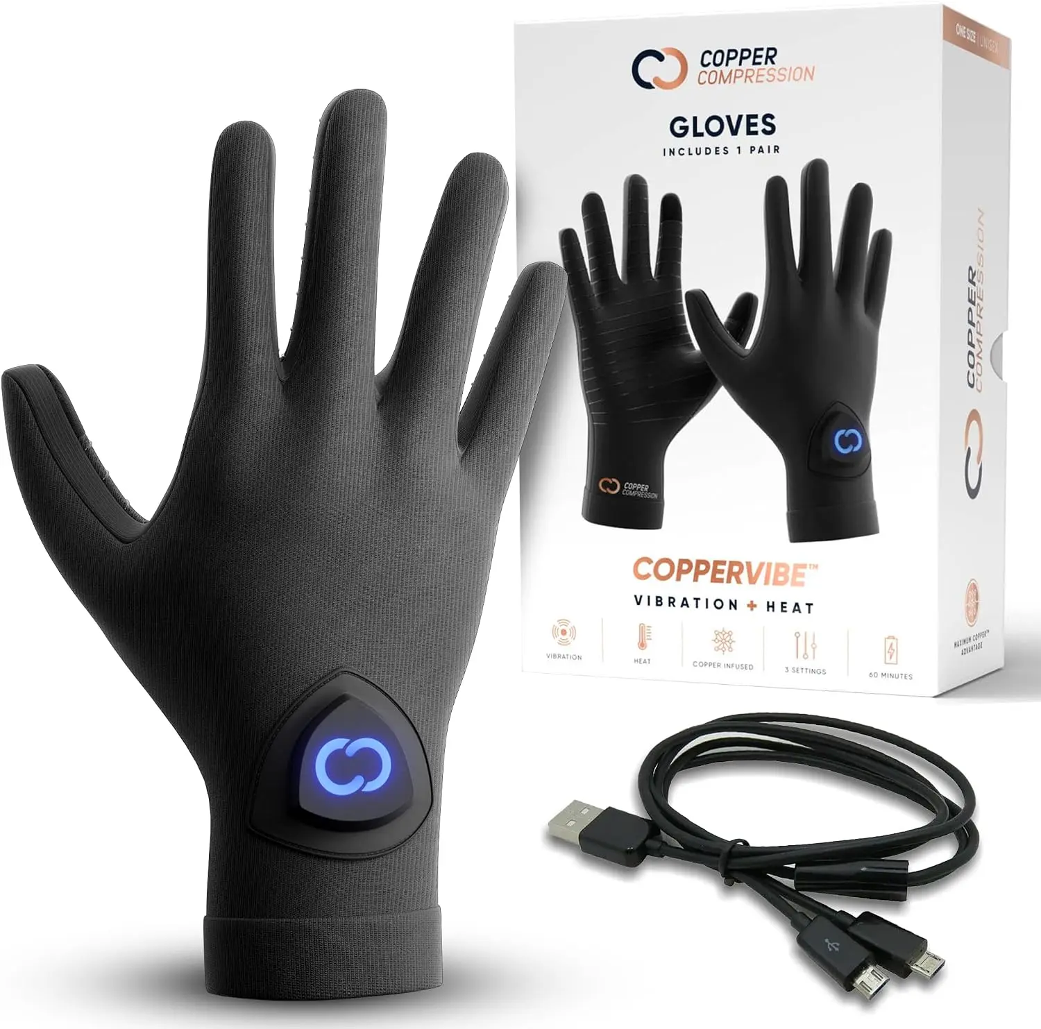 Copper Compression CopperVibe Vibration & Heat Gloves - Heated Hand Massage