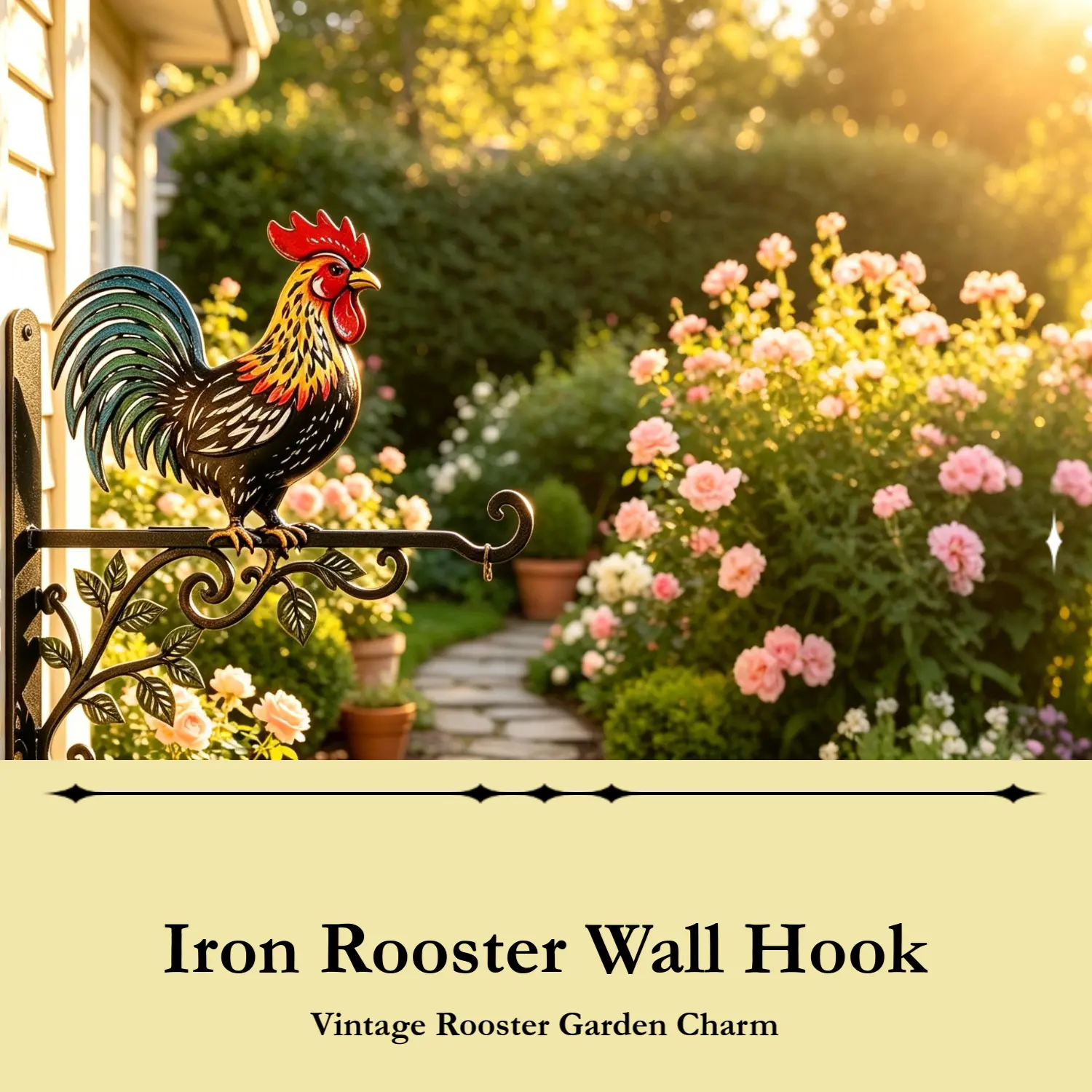 【2D】12、16-inch - Double-Sided Painted Rooster Iron Art Wall-Mounted Flower Pot Hook, Outdoor Garden Decor Hanging Bracket | Double-sided printed color, retro leaf design support, wall-mounted installation, windproof, rainproof, rust-resistant, suitable fo