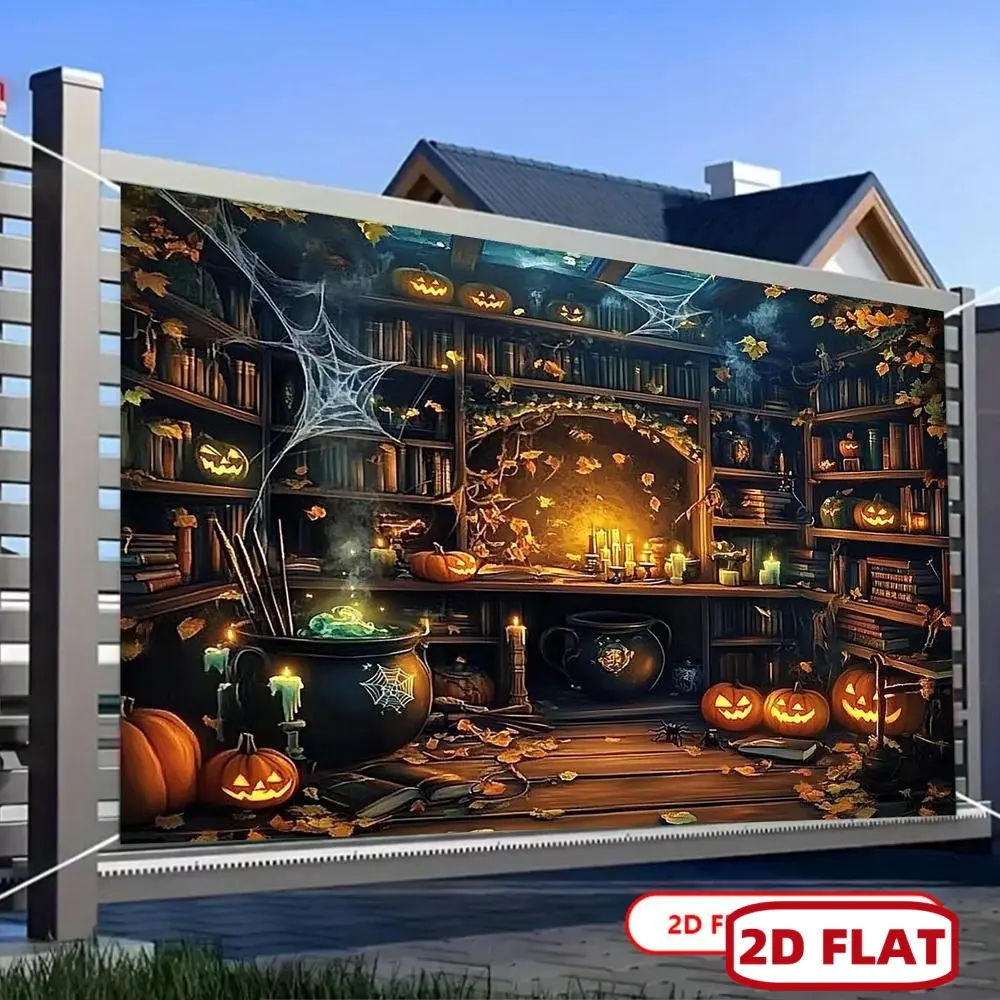 Textured Glam Durable 2D Flat Banner Holiday Textile Backdrop, Soft Witch's Kitchen Wall Decor with Jack-O'-Lanterns, Cauldron, Spider Webs for Indoor-Outdoor Halloween Party Ornament, Wall Decoration