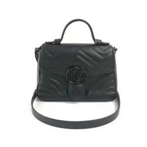 Pre-owned GUCCI Marmont 2.0 Mini Bag Black Matelassé Chevron Leather with Ceramic GG Hardware & Detachable Chain Strap